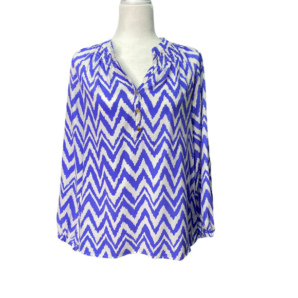 LILLY PULITZER | sz S Women's Iris Blue/White Silk Get Your Chev On Elsa Blouse - Picture 4 of 6